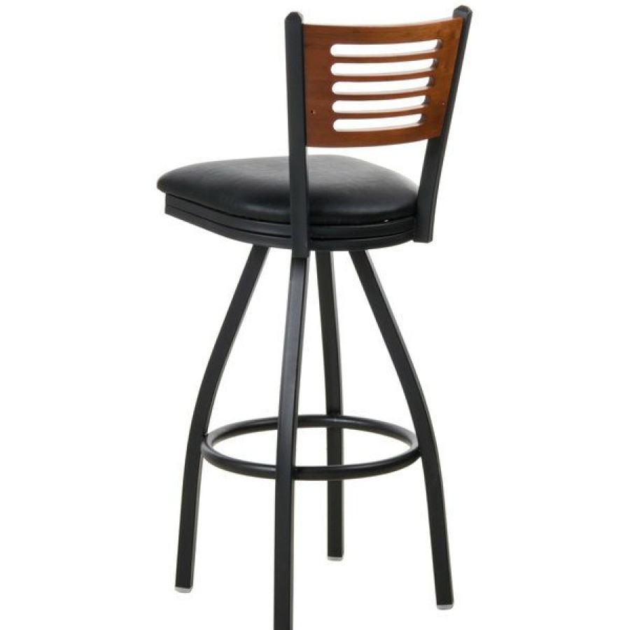 Restaurant Bar Stools * | Budget Bfm Seating 2151Sblv-Chsb Espy Sand Black Metal Bar Height Chair With Cherry Wooden Back And 2 Black Vinyl Swivel Seat