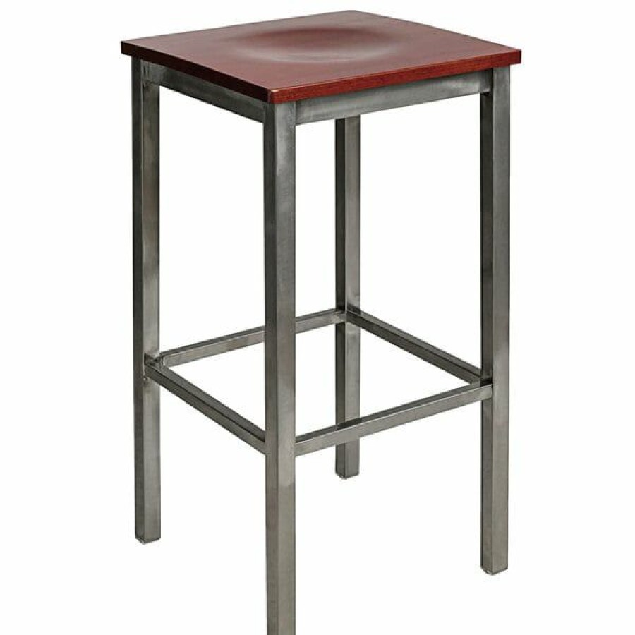 Restaurant Bar Stools * | Best Reviews Of Bfm Seating 2510Bmhw-Cl Trent Clear Coated Steel Bar Stool With Mahogany Wooden Seat