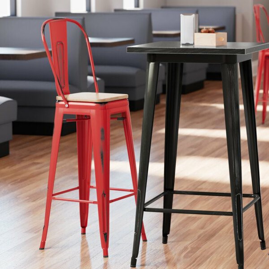 Restaurant Bar Stools * | Best Sale Lt&S Alloy Series Lancaster Table & Seating Alloy Series Distressed Red Metal Indoor Industrial Cafe Bar Height Stool With Vertical Slat Back And Natural Wood Seat