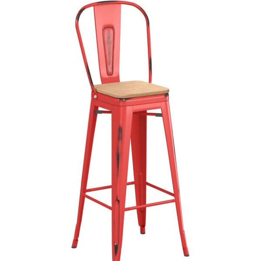 Restaurant Bar Stools * | Best Sale Lt&S Alloy Series Lancaster Table & Seating Alloy Series Distressed Red Metal Indoor Industrial Cafe Bar Height Stool With Vertical Slat Back And Natural Wood Seat