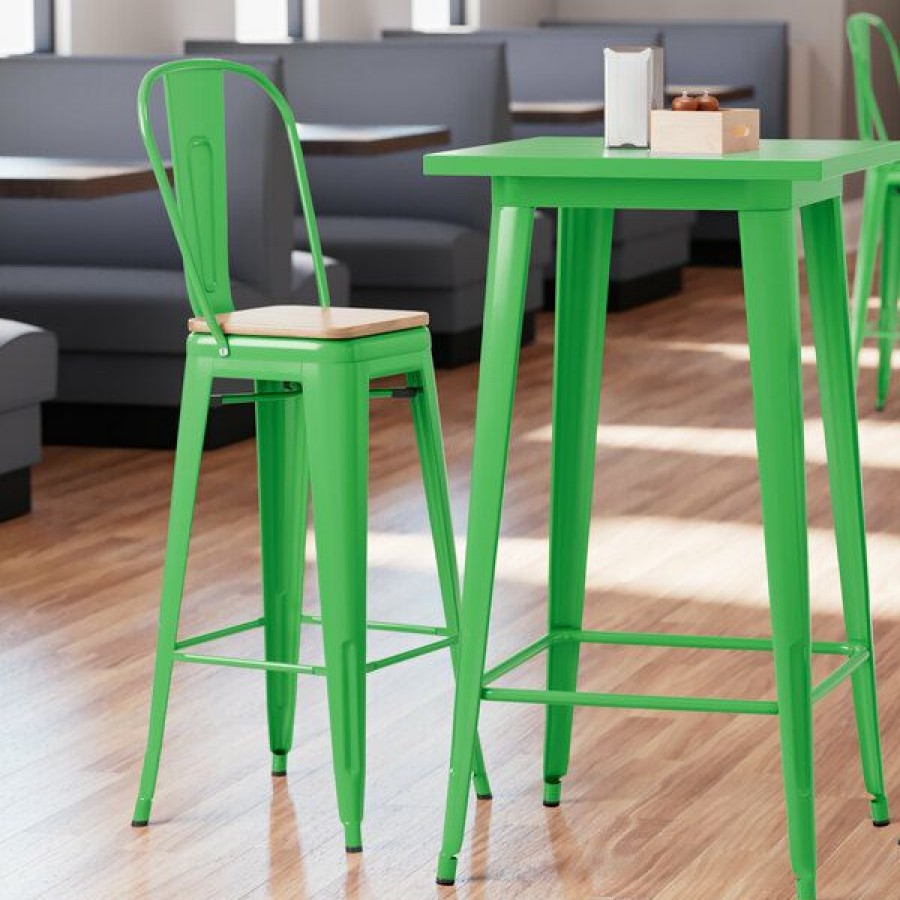 Restaurant Bar Stools * | Outlet Lt&S Alloy Series Lancaster Table & Seating Alloy Series Green Metal Indoor Industrial Cafe Bar Height Stool With Vertical Slat Back And Natural Wood Seat