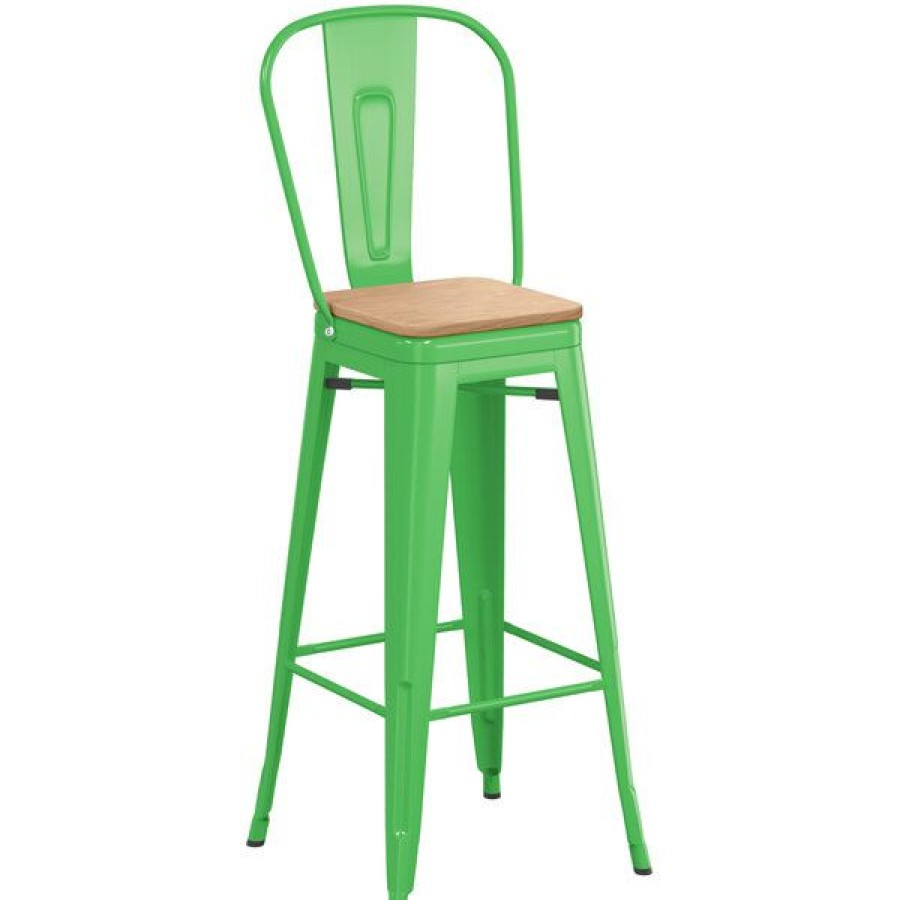 Restaurant Bar Stools * | Outlet Lt&S Alloy Series Lancaster Table & Seating Alloy Series Green Metal Indoor Industrial Cafe Bar Height Stool With Vertical Slat Back And Natural Wood Seat