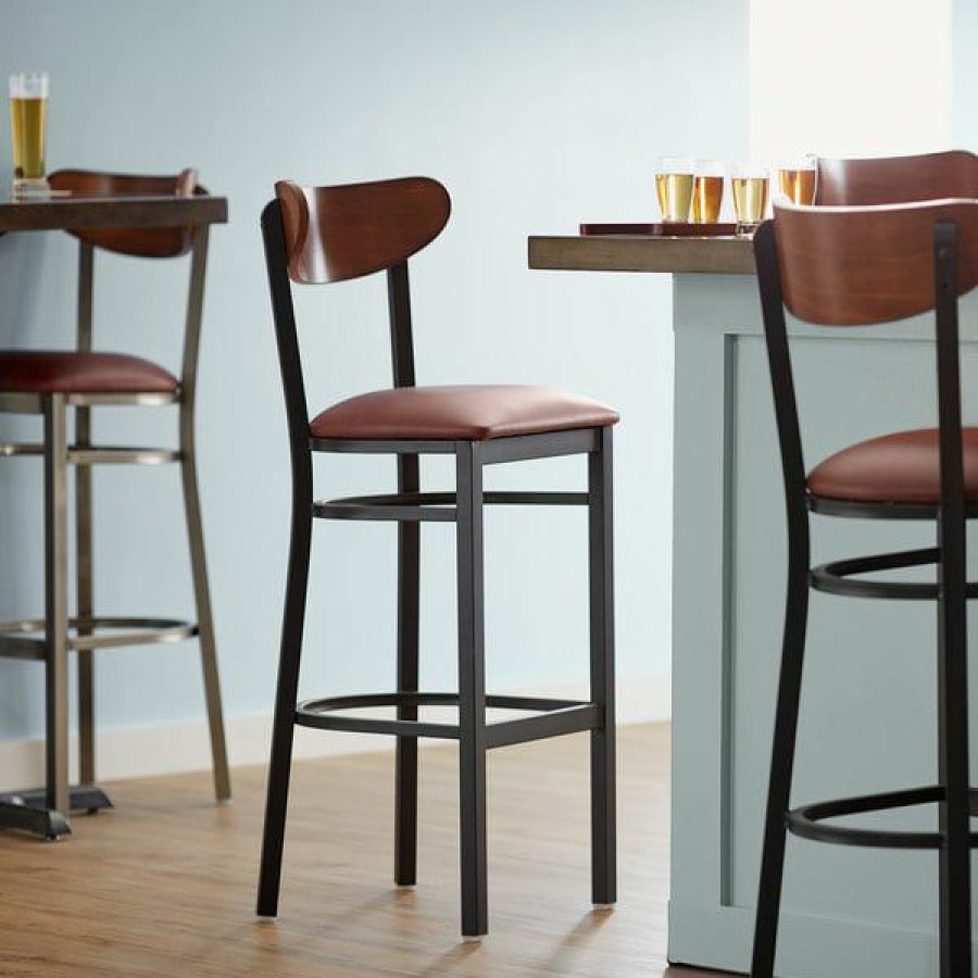 Restaurant Bar Stools * | Wholesale Lt&S Boomerang Series Lancaster Table & Seating Boomerang Bar Height Black Chair With Burgundy Vinyl Seat And Antique Walnut Back