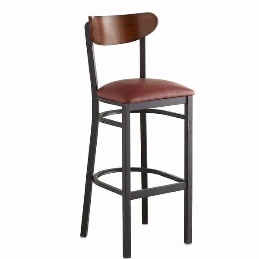 Restaurant Bar Stools * | Wholesale Lt&S Boomerang Series Lancaster Table & Seating Boomerang Bar Height Black Chair With Burgundy Vinyl Seat And Antique Walnut Back