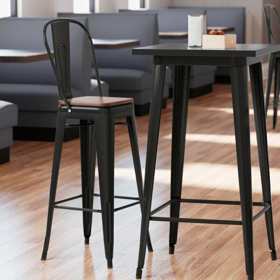 Restaurant Bar Stools * | Best Deal Lt&S Alloy Series Lancaster Table & Seating Alloy Series Black Metal Indoor Industrial Cafe Bar Height Stool With Vertical Slat Back And Walnut Wood Seat