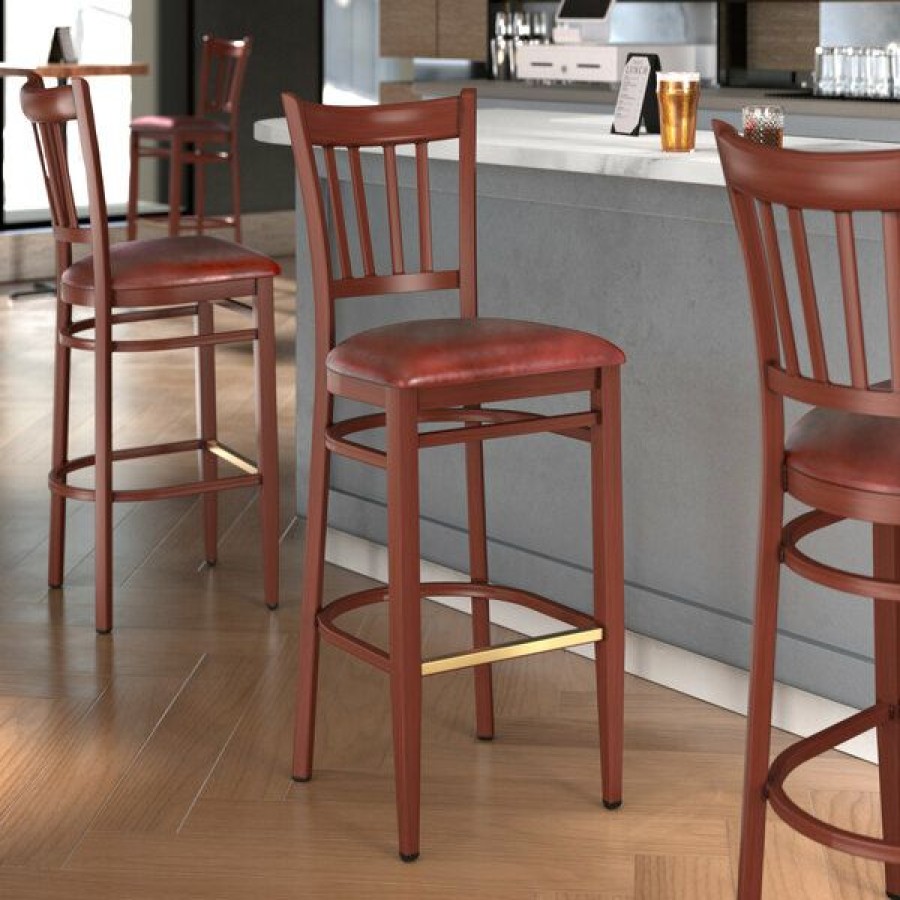 Restaurant Bar Stools * | Cheap Lt&S Spartan Series Lancaster Table & Seating Spartan Series Bar Height Metal Slat Back Chair With Mahogany Wood Grain Finish And Burgundy Vinyl Seat