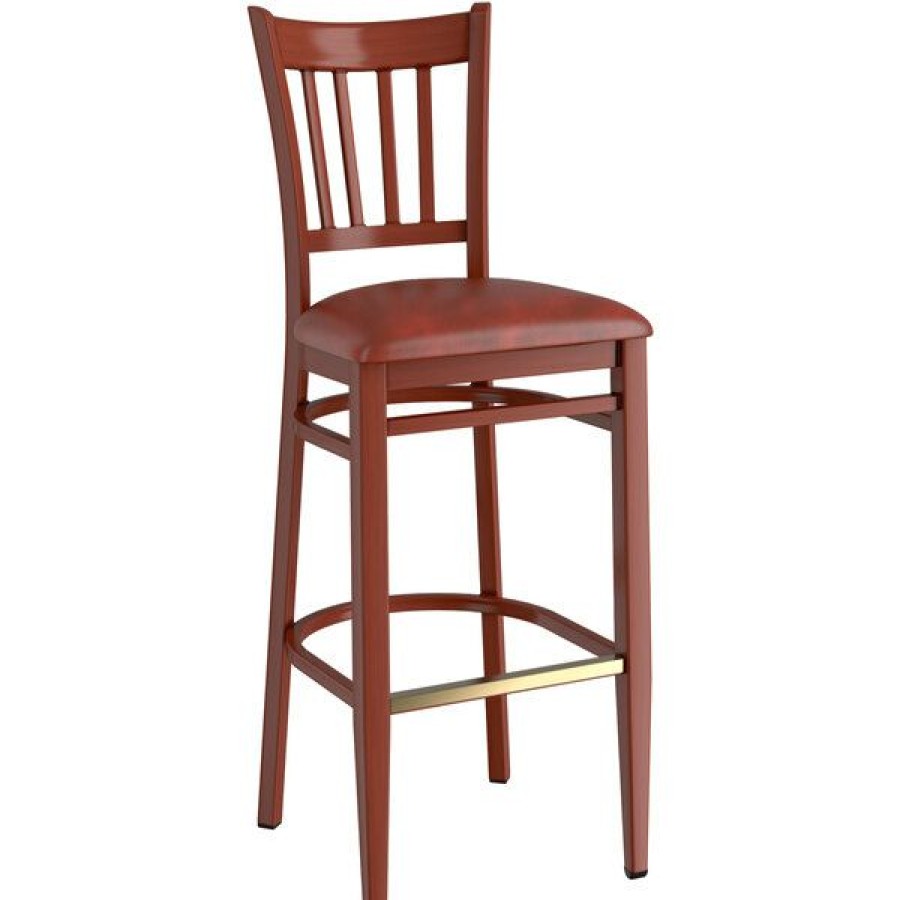 Restaurant Bar Stools * | Cheap Lt&S Spartan Series Lancaster Table & Seating Spartan Series Bar Height Metal Slat Back Chair With Mahogany Wood Grain Finish And Burgundy Vinyl Seat