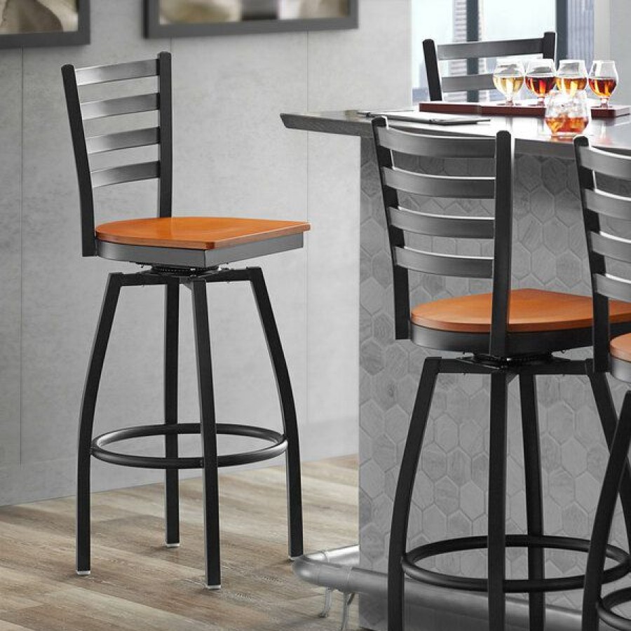 Restaurant Bar Stools * | Cheap Lancaster Table & Seating Black Top Frame Ladder Back Swivel Bar Height Chair With Cherry Wood Seat