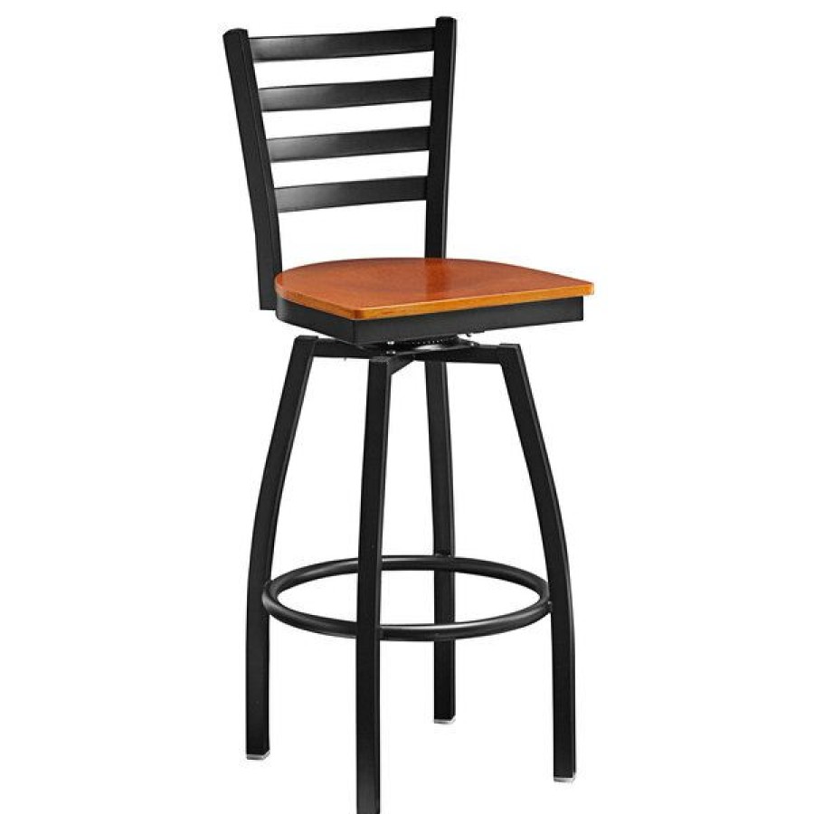 Restaurant Bar Stools * | Cheap Lancaster Table & Seating Black Top Frame Ladder Back Swivel Bar Height Chair With Cherry Wood Seat