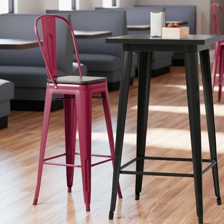 Restaurant Bar Stools * | Cheapest Lt&S Alloy Series Lancaster Table & Seating Alloy Series Sangria Metal Indoor Industrial Cafe Bar Height Stool With Vertical Slat Back And Black Wood Seat