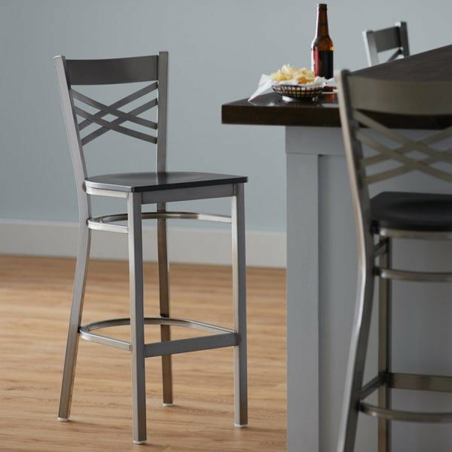 Restaurant Bar Stools * | Deals Lancaster Table & Seating Clear Coat Steel Cross Back Bar Height Chair With Black Wood Seat