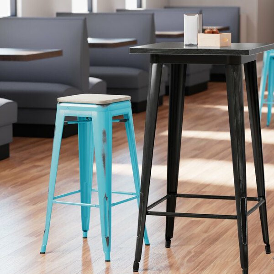 Restaurant Bar Stools * | Cheapest Lt&S Alloy Series Lancaster Table & Seating Alloy Series Distressed Arctic Blue Stackable Metal Indoor Industrial Barstool With Gray Wood Seat