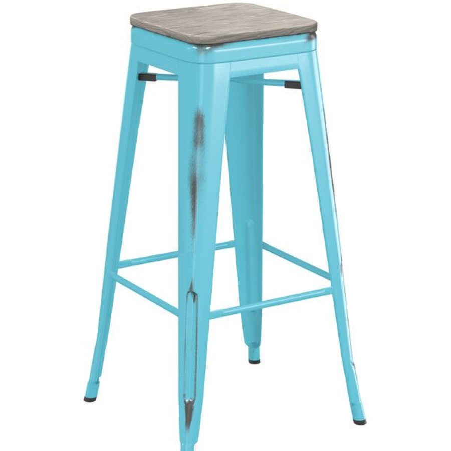 Restaurant Bar Stools * | Cheapest Lt&S Alloy Series Lancaster Table & Seating Alloy Series Distressed Arctic Blue Stackable Metal Indoor Industrial Barstool With Gray Wood Seat