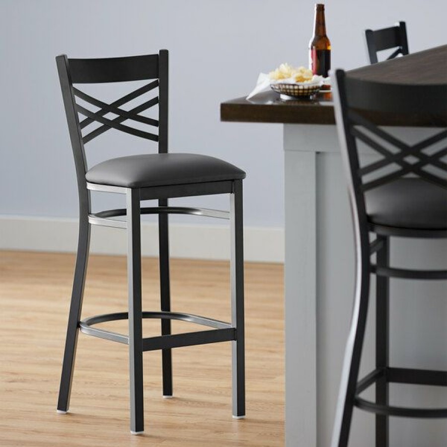 Restaurant Bar Stools * | Promo Lancaster Table & Seating Black Cross Back Bar Height Chair With Dark Gray Padded Seat