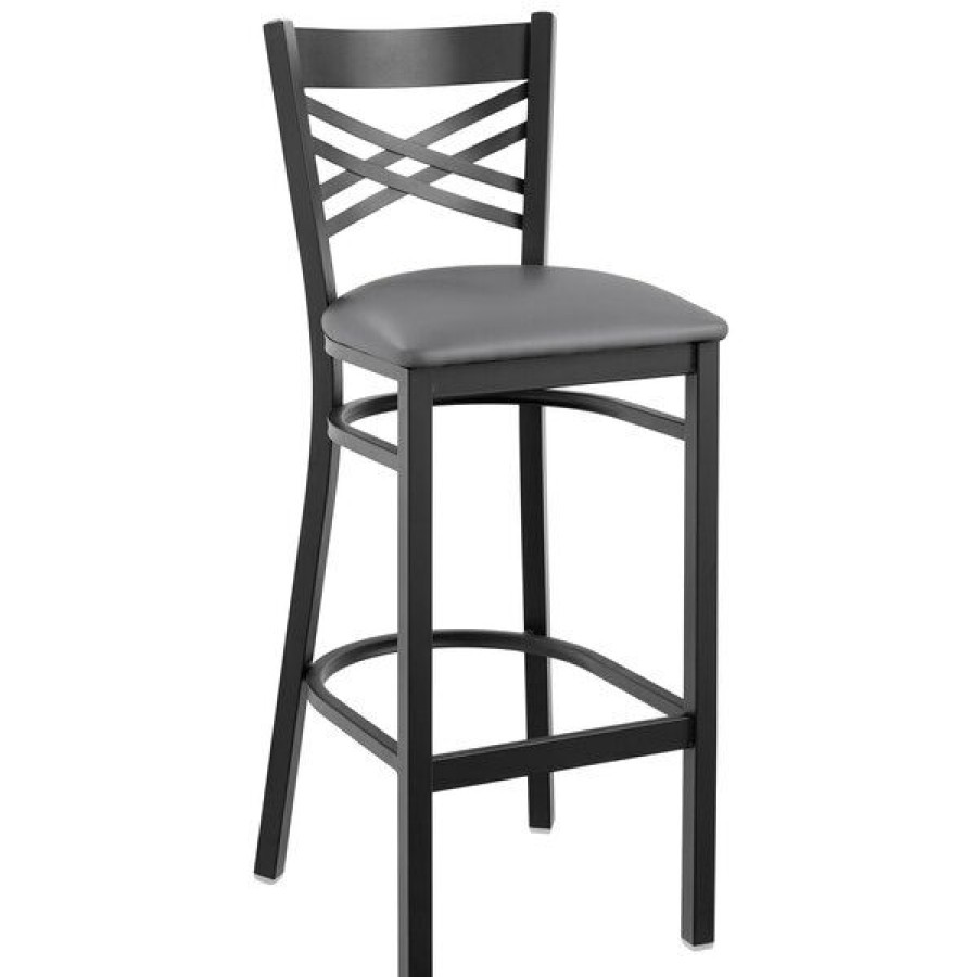 Restaurant Bar Stools * | Promo Lancaster Table & Seating Black Cross Back Bar Height Chair With Dark Gray Padded Seat