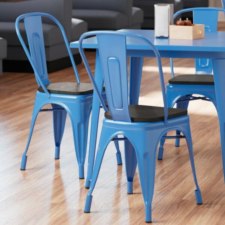 Restaurant Chairs * | Brand New Lt&S Alloy Series Lancaster Table & Seating Alloy Series Blue Metal Indoor Industrial Cafe Chair With Vertical Slat Back And Black Wood Seat