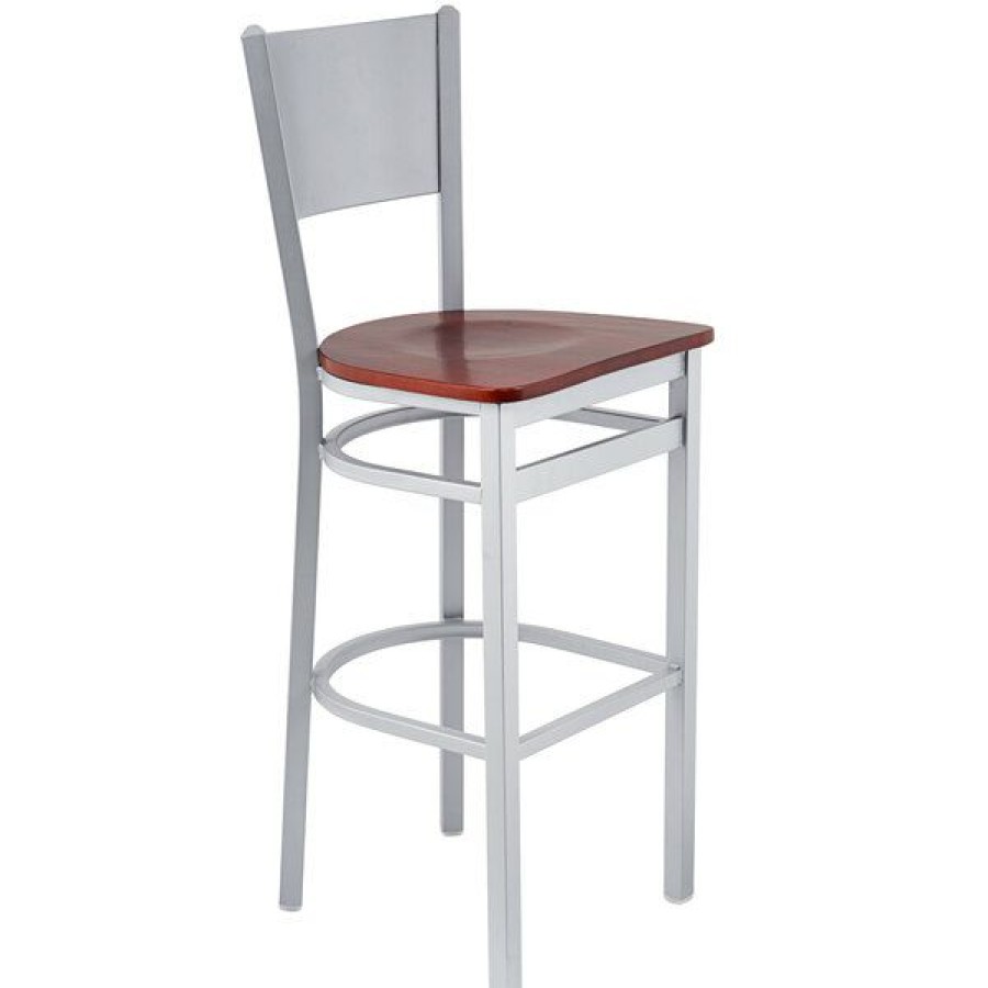 Restaurant Bar Stools * | Brand New Bfm Seating 2140Bmhw-Sm Axel Silver Mist Steel Bar Height Chair With Mahogany Wood Seat