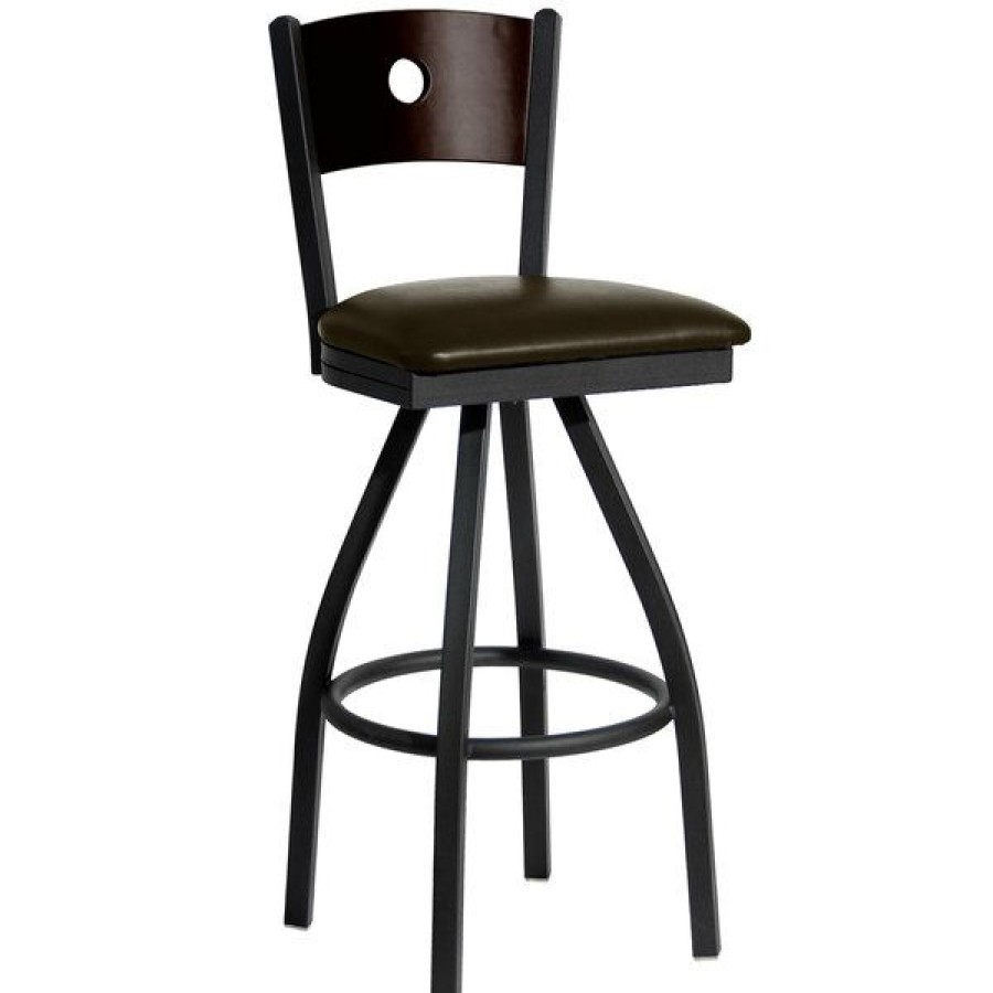 Restaurant Bar Stools * | Buy Bfm Seating 2152Sdbv-Wasb Darby Sand Black Metal Bar Height Chair With Walnut Wooden Back And 2 Dark Brown Vinyl Swivel Seat