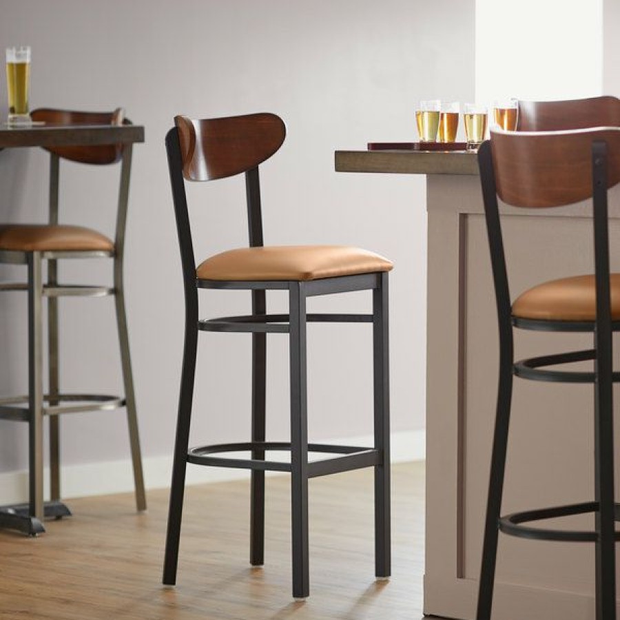 Restaurant Bar Stools * | Best Deal Lt&S Boomerang Series Lancaster Table & Seating Boomerang Bar Height Black Chair With Light Brown Vinyl Seat And Antique Walnut Back