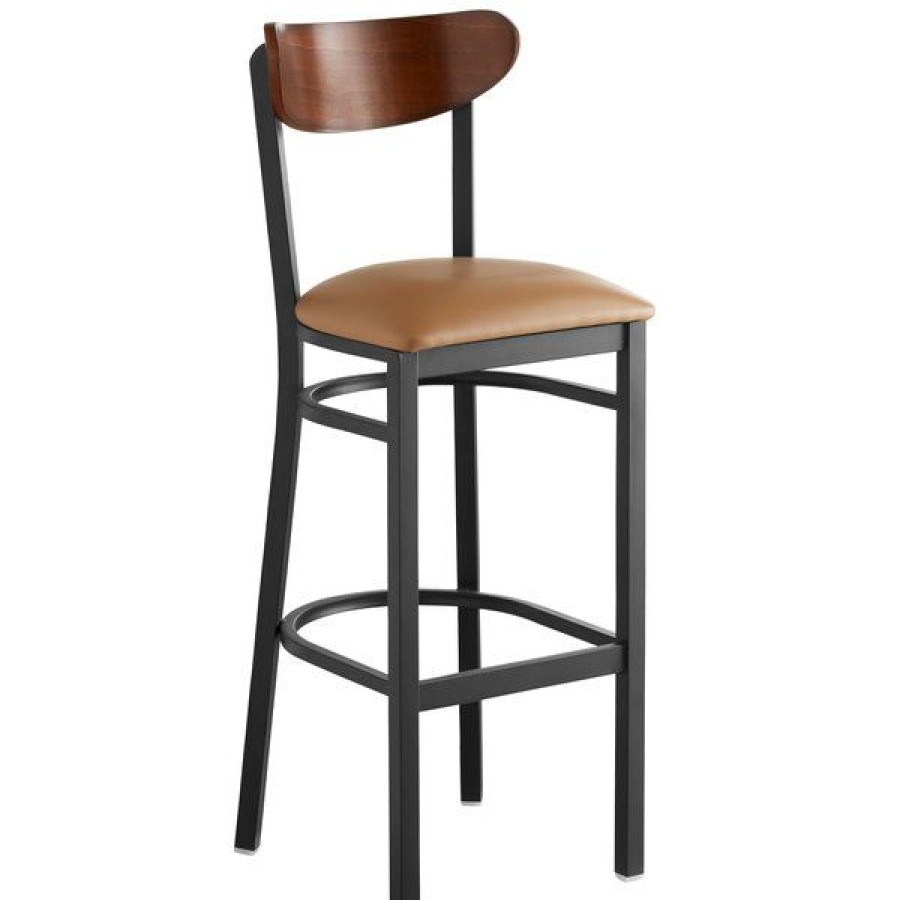 Restaurant Bar Stools * | Best Deal Lt&S Boomerang Series Lancaster Table & Seating Boomerang Bar Height Black Chair With Light Brown Vinyl Seat And Antique Walnut Back