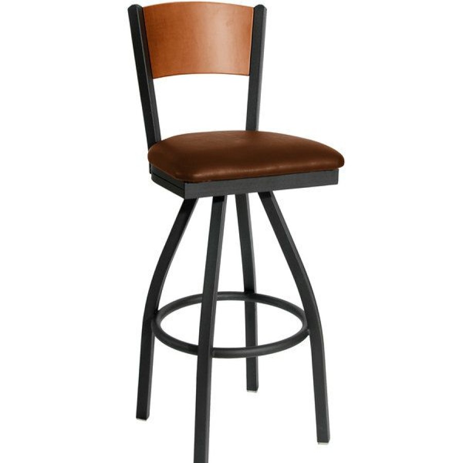 Restaurant Bar Stools * | Best Sale Bfm Seating 2150Slbv-Chsb Dale Sand Black Metal Swivel Bar Height Chair With Cherry Finish Wooden Back And 2 Light Brown Vinyl Seat