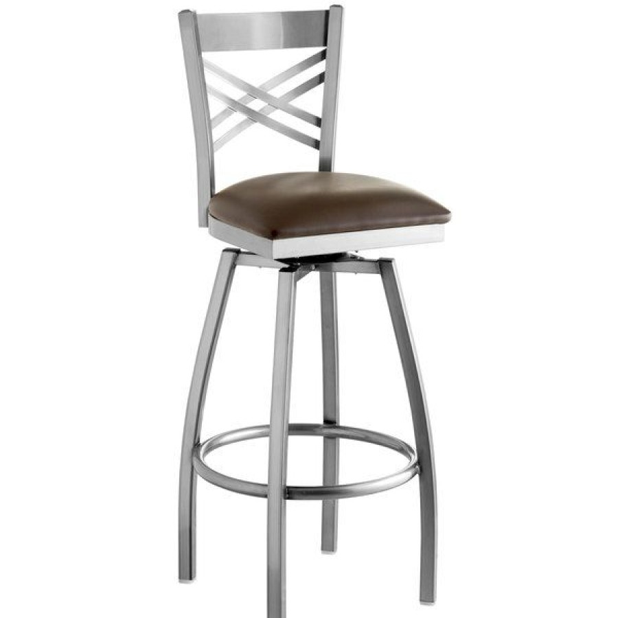 Restaurant Bar Stools * | Best Pirce Lancaster Table & Seating Clear Coat Steel Cross Back Bar Height Swivel Chair With 2 1/2 Dark Brown Vinyl Seat