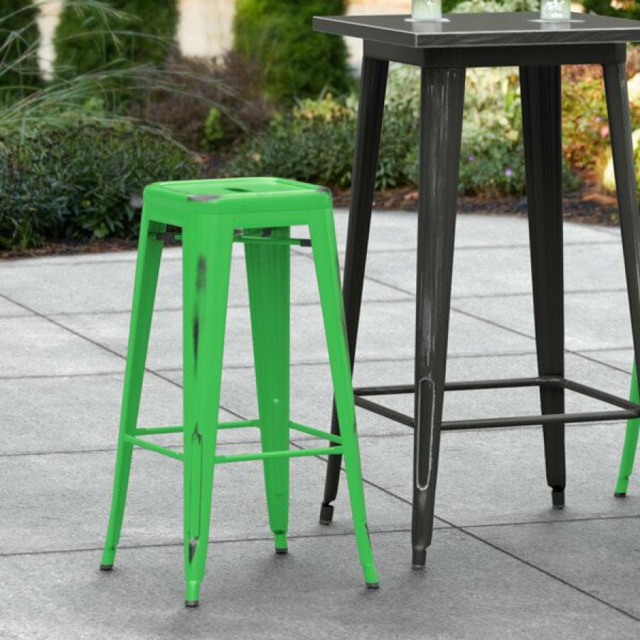 Outdoor Restaurant Bar Stools * | Cheap Lt&S Alloy Series Lancaster Table & Seating Alloy Series Distressed Green Stackable Metal Indoor / Outdoor Industrial Barstool With Drain Hole Seat