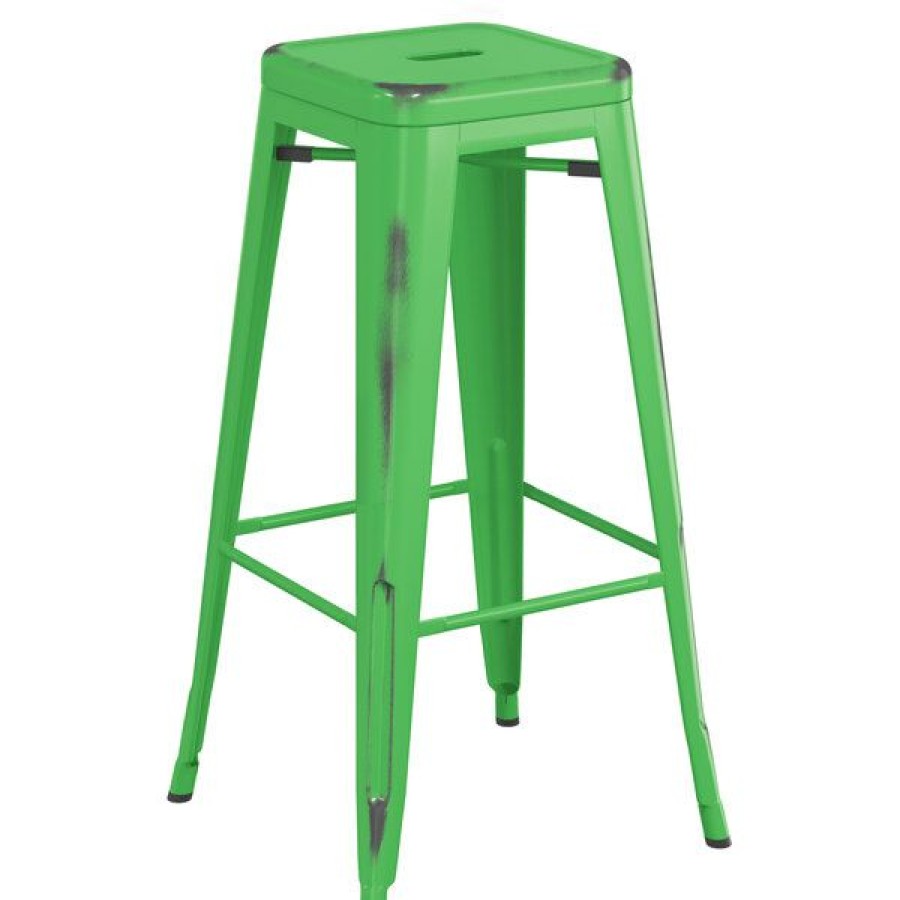 Outdoor Restaurant Bar Stools * | Cheap Lt&S Alloy Series Lancaster Table & Seating Alloy Series Distressed Green Stackable Metal Indoor / Outdoor Industrial Barstool With Drain Hole Seat