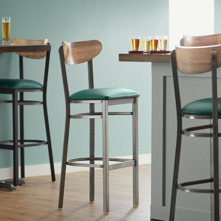 Restaurant Bar Stools * | Cheap Lt&S Boomerang Series Lancaster Table & Seating Boomerang Bar Height Clear Coat Chair With Green Vinyl Seat And Driftwood Back