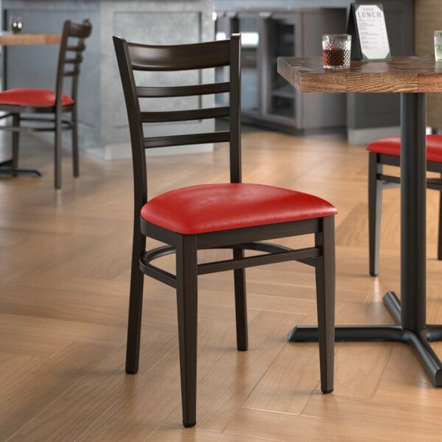 Restaurant Chairs * | Coupon Lt&S Spartan Series Lancaster Table & Seating Spartan Series Metal Ladder Back Chair With Walnut Wood Grain Finish And Red Vinyl Seat