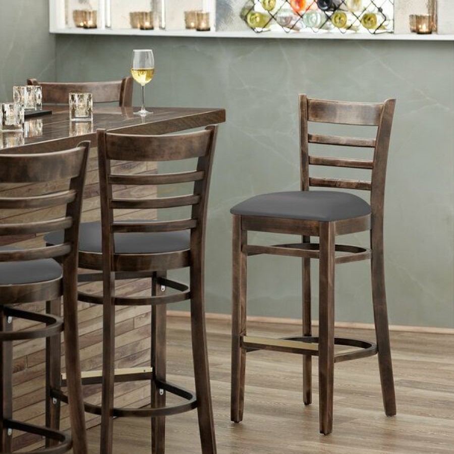 Restaurant Bar Stools * | New Lancaster Table & Seating Vintage Finish Wooden Ladder Back Bar Height Chair With Dark Gray Padded Seat