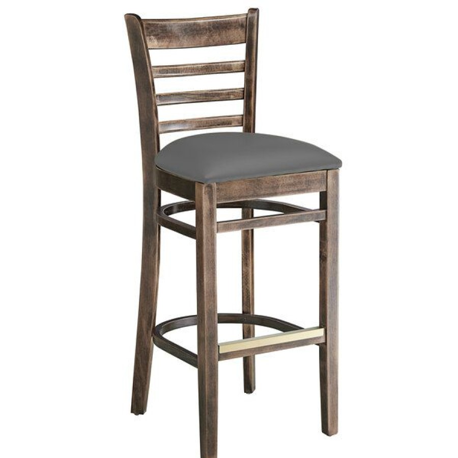 Restaurant Bar Stools * | New Lancaster Table & Seating Vintage Finish Wooden Ladder Back Bar Height Chair With Dark Gray Padded Seat