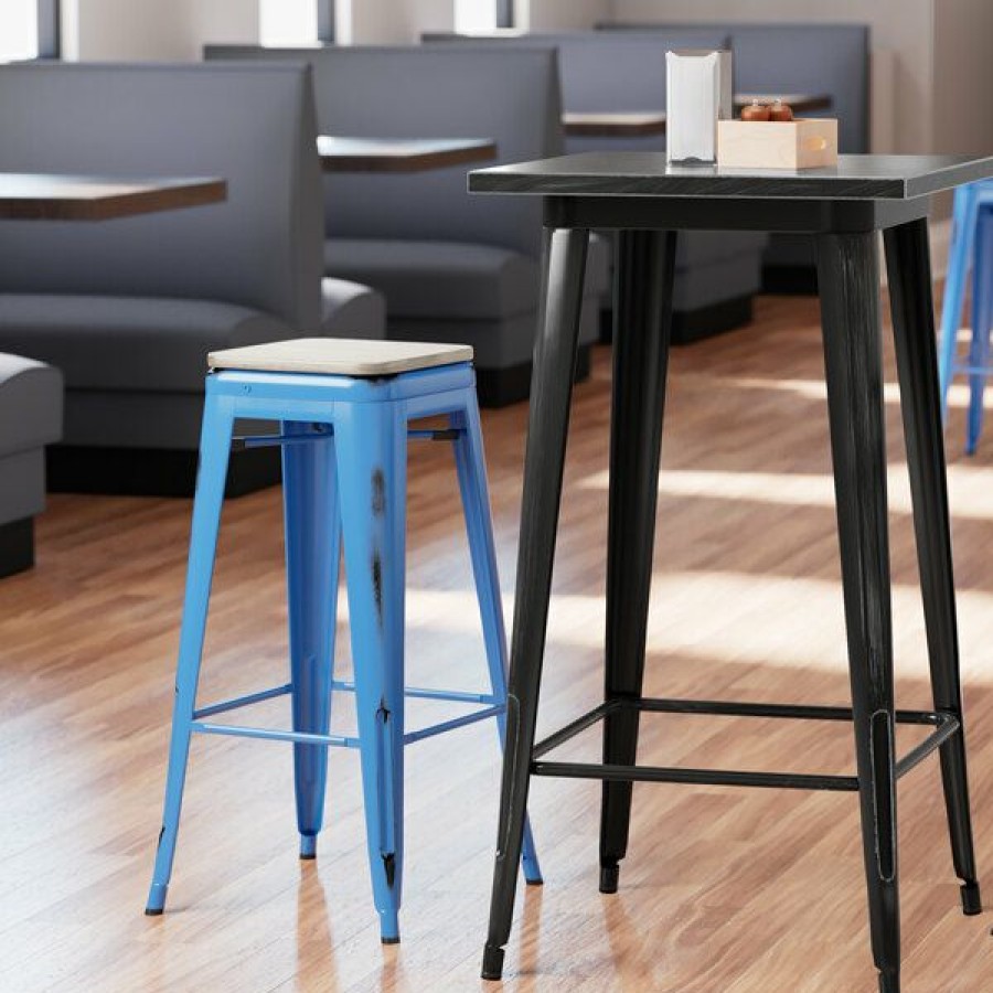 Restaurant Bar Stools * | Outlet Lt&S Alloy Series Lancaster Table & Seating Alloy Series Distressed Blue Stackable Metal Indoor Industrial Barstool With Gray Wood Seat