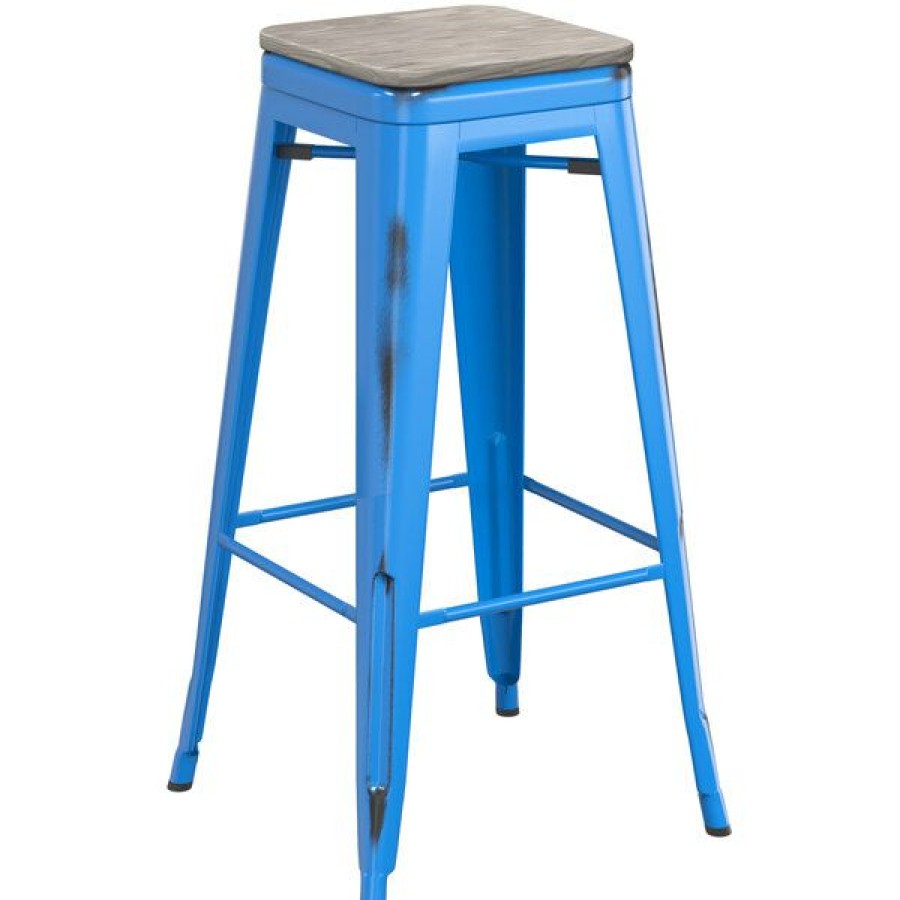 Restaurant Bar Stools * | Outlet Lt&S Alloy Series Lancaster Table & Seating Alloy Series Distressed Blue Stackable Metal Indoor Industrial Barstool With Gray Wood Seat