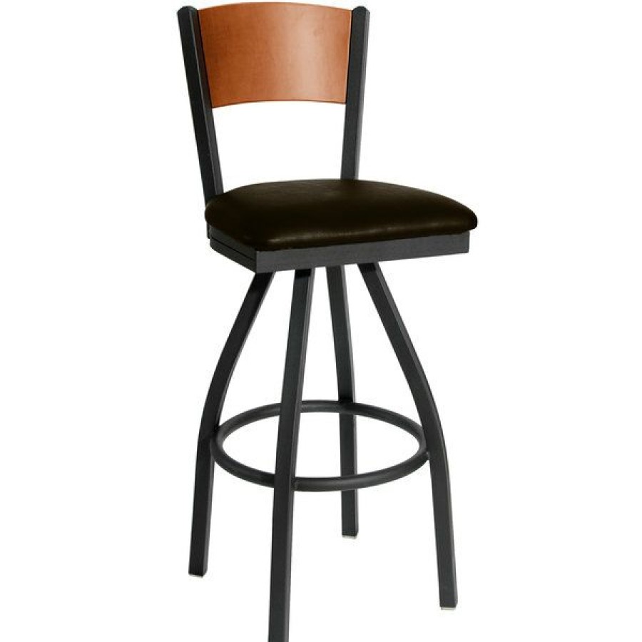 Restaurant Bar Stools * | Deals Bfm Seating 2150Sdbv-Chsb Dale Sand Black Metal Swivel Bar Height Chair With Cherry Finish Wooden Back And 2 Dark Brown Vinyl Seat