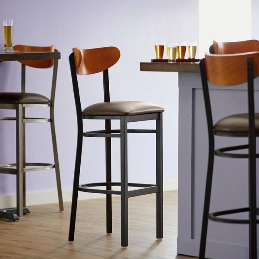 Restaurant Bar Stools * | Best Sale Lt&S Boomerang Series Lancaster Table & Seating Boomerang Bar Height Black Chair With Dark Brown Vinyl Seat And Cherry Back