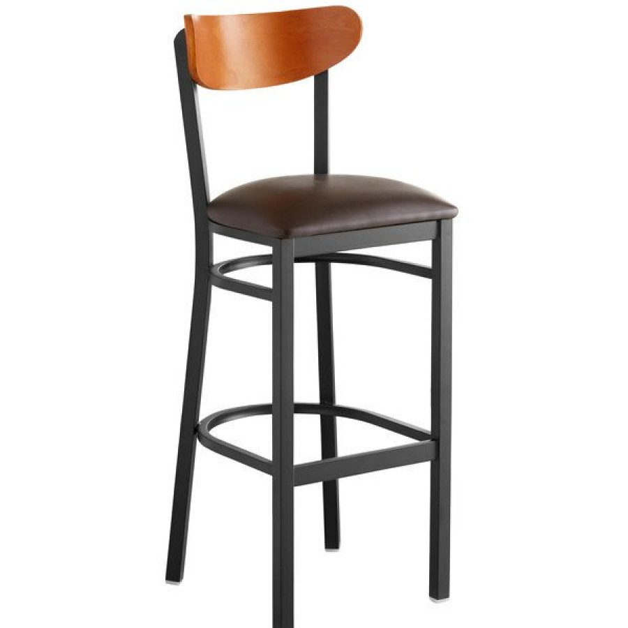 Restaurant Bar Stools * | Best Sale Lt&S Boomerang Series Lancaster Table & Seating Boomerang Bar Height Black Chair With Dark Brown Vinyl Seat And Cherry Back