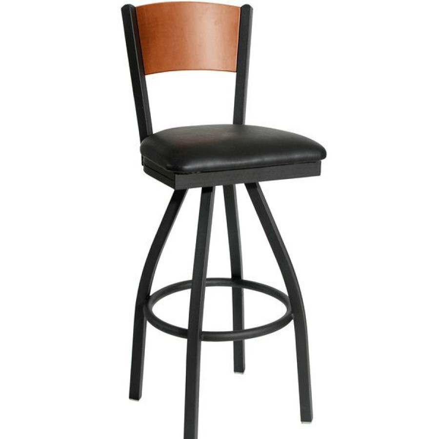 Restaurant Bar Stools * | Best Sale Bfm Seating 2150Sblv-Chsb Dale Sand Black Metal Swivel Bar Height Chair With Cherry Finish Wooden Back And 2 Black Vinyl Seat