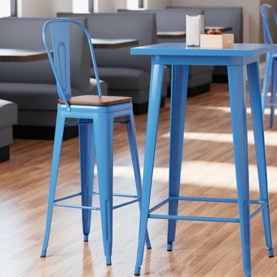 Restaurant Bar Stools * | Budget Lt&S Alloy Series Lancaster Table & Seating Alloy Series Blue Metal Indoor Industrial Cafe Bar Height Stool With Vertical Slat Back And Walnut Wood Seat