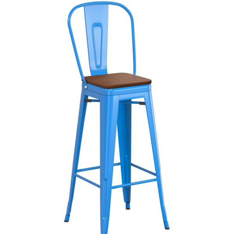 Restaurant Bar Stools * | Budget Lt&S Alloy Series Lancaster Table & Seating Alloy Series Blue Metal Indoor Industrial Cafe Bar Height Stool With Vertical Slat Back And Walnut Wood Seat