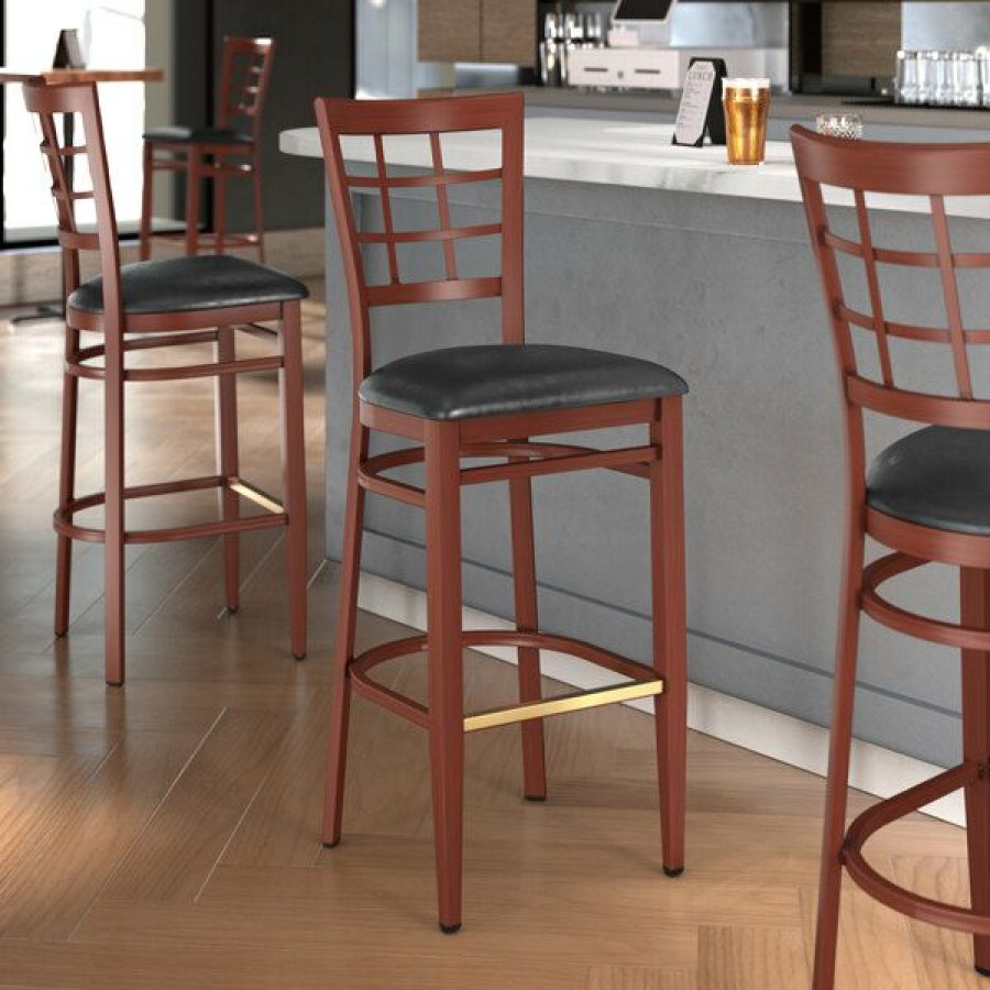 Restaurant Bar Stools * | Top 10 Lt&S Spartan Series Lancaster Table & Seating Spartan Series Bar Height Metal Window Back Chair With Mahogany Wood Grain Finish And Black Vinyl Seat