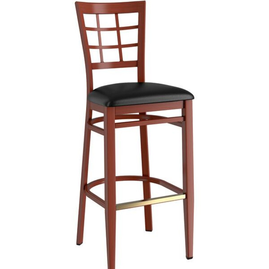 Restaurant Bar Stools * | Top 10 Lt&S Spartan Series Lancaster Table & Seating Spartan Series Bar Height Metal Window Back Chair With Mahogany Wood Grain Finish And Black Vinyl Seat