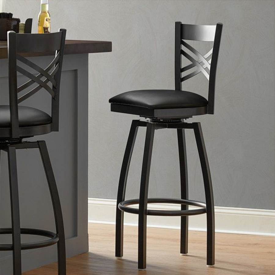 Restaurant Bar Stools * | Coupon Lancaster Table & Seating Cross Back Bar Height Black Swivel Chair With Black Vinyl Seat