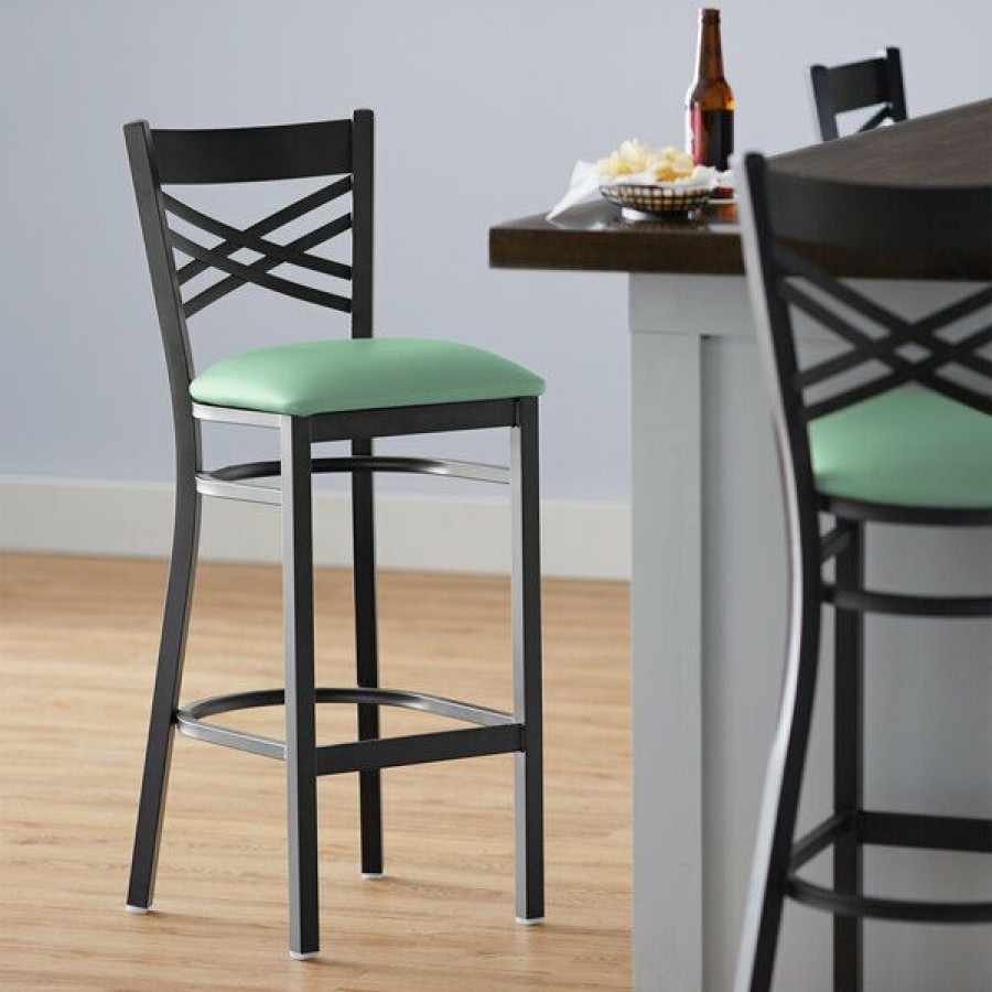 Restaurant Bar Stools * | Best Deal Lancaster Table & Seating Black Cross Back Bar Height Chair With Seafoam Padded Seat