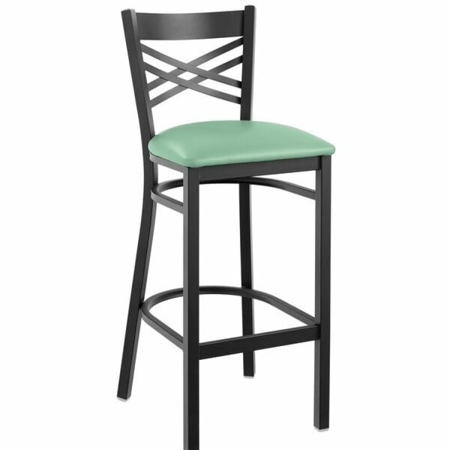 Restaurant Bar Stools * | Best Deal Lancaster Table & Seating Black Cross Back Bar Height Chair With Seafoam Padded Seat