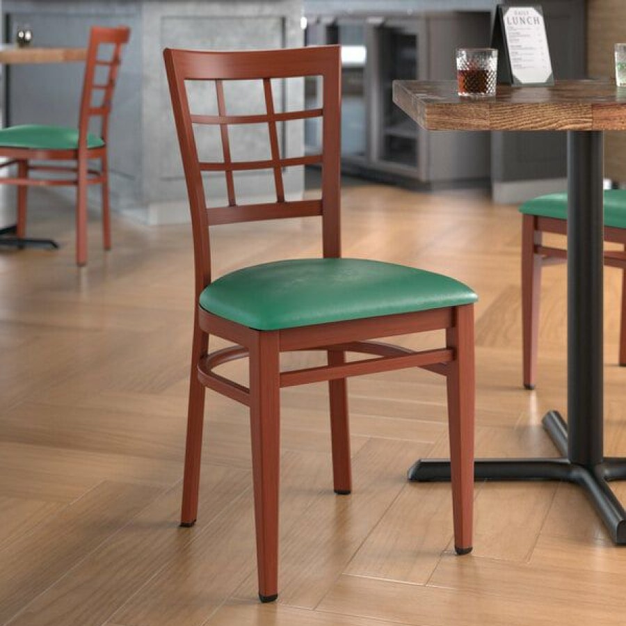 Restaurant Chairs * | Best Deal Lt&S Spartan Series Lancaster Table & Seating Spartan Series Metal Window Back Chair With Mahogany Wood Grain Finish And Green Vinyl Seat