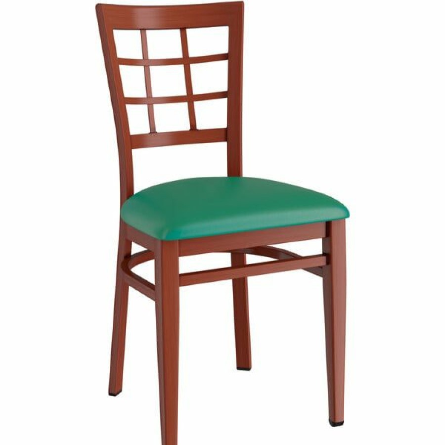 Restaurant Chairs * | Best Deal Lt&S Spartan Series Lancaster Table & Seating Spartan Series Metal Window Back Chair With Mahogany Wood Grain Finish And Green Vinyl Seat