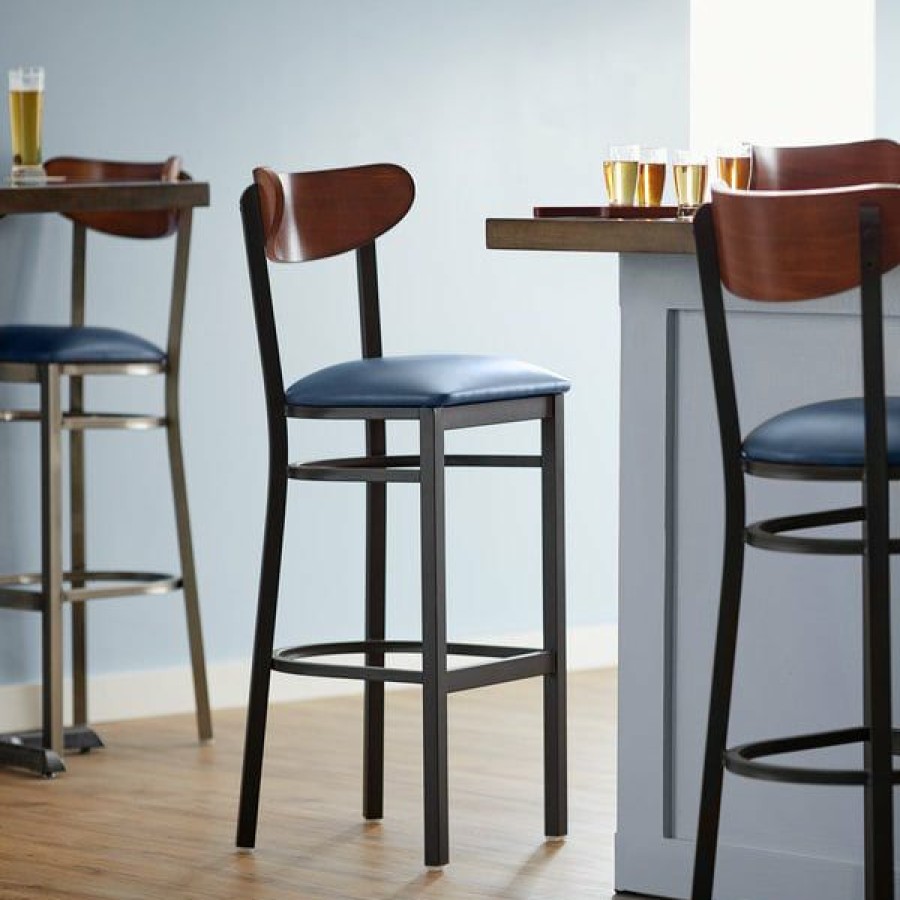 Restaurant Bar Stools * | Budget Lt&S Boomerang Series Lancaster Table & Seating Boomerang Bar Height Black Chair With Navy Vinyl Seat And Antique Walnut Back