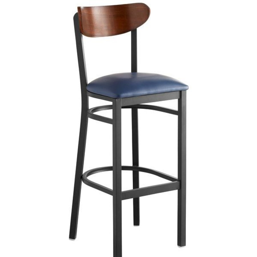 Restaurant Bar Stools * | Budget Lt&S Boomerang Series Lancaster Table & Seating Boomerang Bar Height Black Chair With Navy Vinyl Seat And Antique Walnut Back