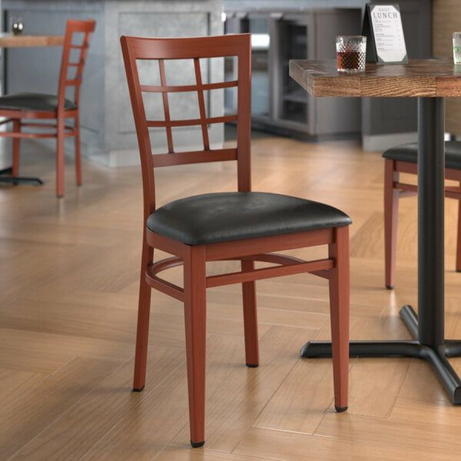 Restaurant Chairs * | Cheapest Lt&S Spartan Series Lancaster Table & Seating Spartan Series Metal Window Back Chair With Mahogany Wood Grain Finish And Black Vinyl Seat